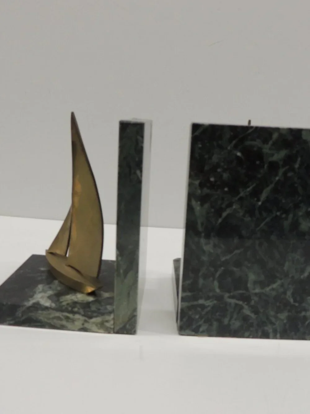 MCM Vintage Brass Sailing Boats and Green Marble Bookends